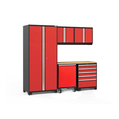 Newage Products Pro 3.0 Series 6-Piece Garage Cabinet Set With Utility Cart, Red / Bamboo Worktop