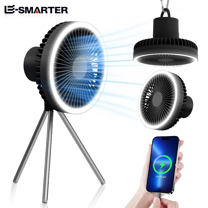 Tragbarer Schreibtischventilator, wiederaufladbar, 10.000 mAh, Campinglampe, Luftzirkulationsventilator, Außenzeltbeleuchtung, elektrischer Ventilator mit Stativ