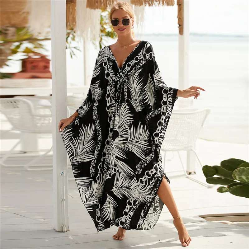 Damen Plus Size Animal Print V-Ausschnitt Fledermaus-Kaftan Strandkleid Badeanzug Cover-Up Loungewear Image