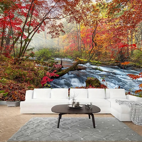 Herbstgelbe Waldlandschaft Wandteppich Wandbild Kunst großformatiger Wandteppich Wanddekoration Fotos Hintergrund Teppich Vorhänge Home Schlafzimmer Wohnzimmer Dekoration Image