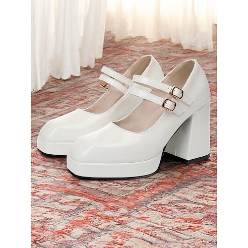 Mary-Jane-Pumps im Retro-Stil der 80er für Damen mit Doppelriemen – Plateauschuhe aus grünem Lackleder mit Blockabsatz für Vintage-inspirierte Mode, Partys und die Freizeit Image