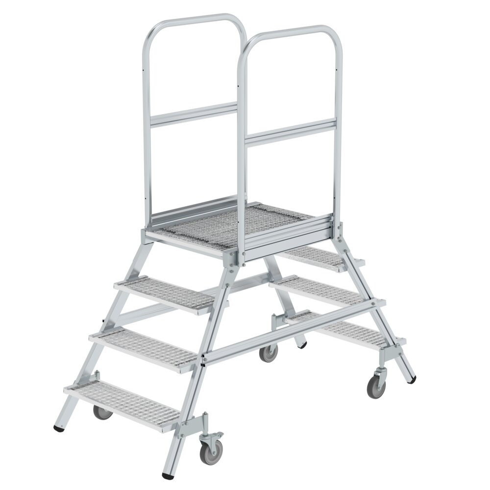 PROREGAL Podesttreppe beidseitig begehbar mit Federrollen | Stahl-Gitterrost | 4 Stufen | Rutschsichere Leiterschuhe Image