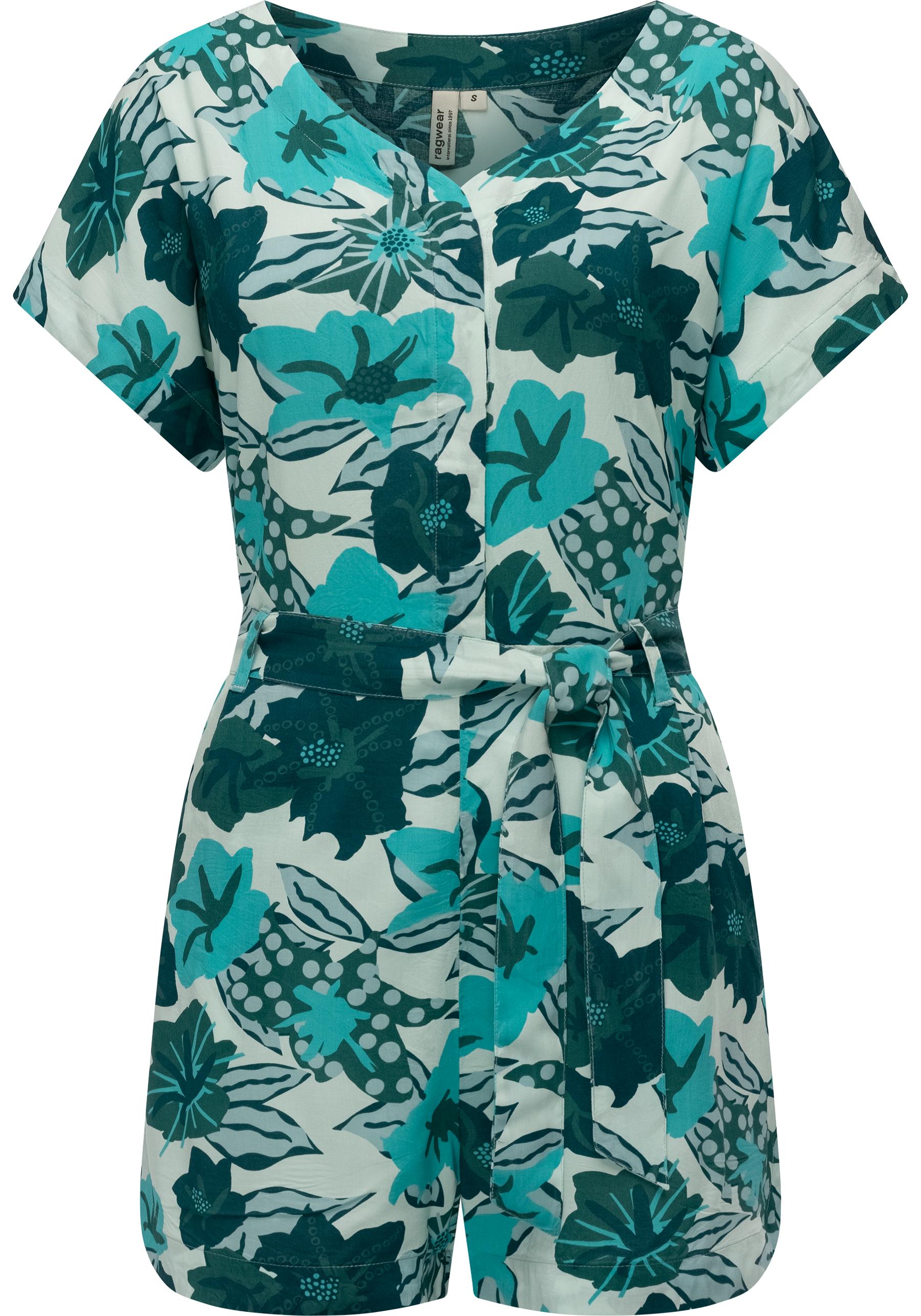 Jumpsuit RAGWEAR "Salwin", Damen, Gr. L (40), Normalgrößen, blau (aquablau), Material: 100% Viskose, gerade ca. Mitte Oberschenkel, V-Ausschnitt, weit abgesteppte Kante, Overalls Jumpsuit, Kurzer Overall mit Taillen-Bindeband