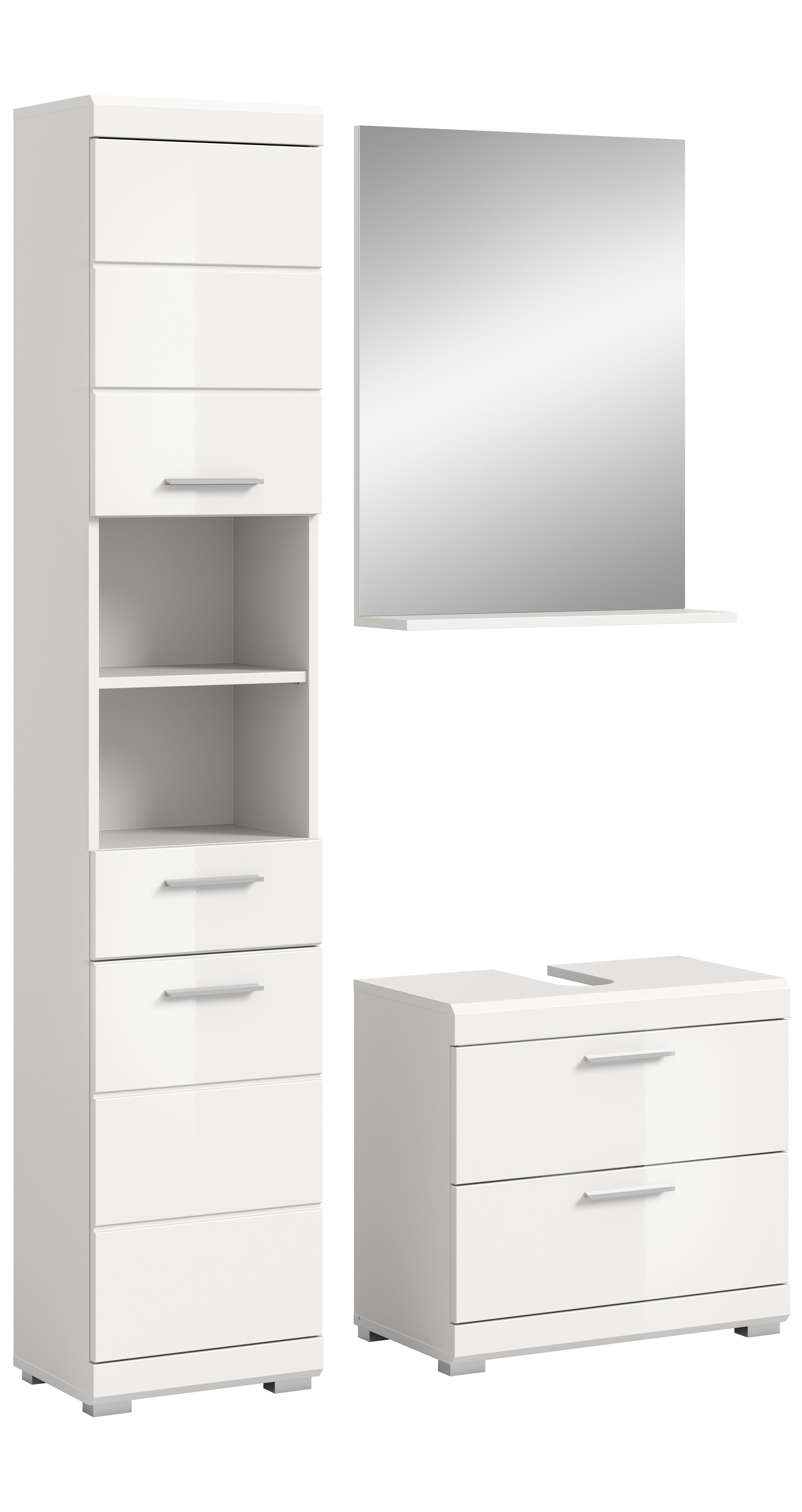 Badmöbel-Set INOSIGN "Siena, 3 teilig, bestehend aus:", weiß (weiß nb, weiß hochglanz mdf tz), B:112cm H:191cm T:34cm, Holzwerkstoff, MDF, Kastenmöbel-Sets, Hochschrank, Waschbeckenunterschrank, Spiegel