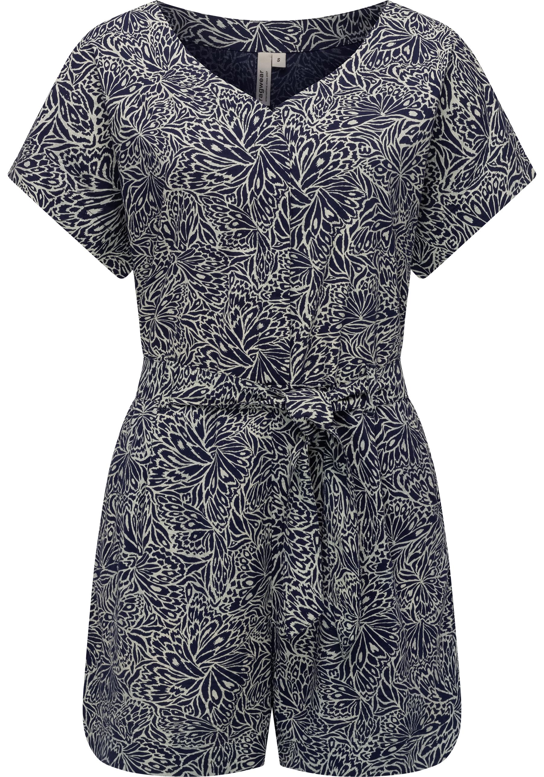 Jumpsuit RAGWEAR "Salwin", Damen, Gr. L (40), Normalgrößen, blau (nachtblau), Material: 100% Viskose, gerade ca. Mitte Oberschenkel, V-Ausschnitt, weit abgesteppte Kante, Overalls Jumpsuit, Kurzer Overall mit Taillen-Bindeband