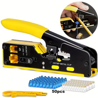 TEMU Pass Through Rj45 Crimp Tool Kit Ethernet Crimper Cat5e Cat6 Crimping Tool Kit 50pcs Cat6 Rj45 Pass Through Connector 50pcs Cat6 Rj45 Pass Through Connector, 50pcs Connector Boots Image