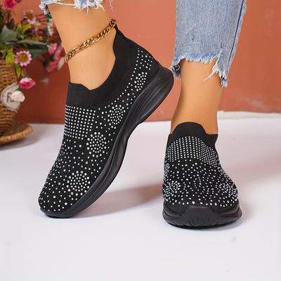 TEMU Chic Women's Slip-on Sneakers With Crystal Accents - Breathable Fabric, Low Heel, Casual Shoes Image
