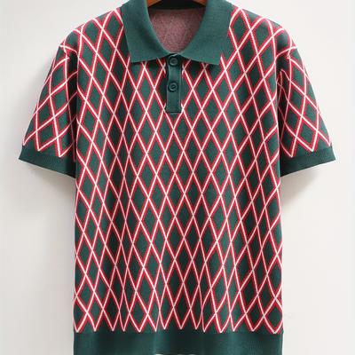 TEMU Men's Color Block Knit Shirt - Casual Short Sleeve With Collar, High Stretch, Geometric Pattern, Ribbed Detail, Wear, Collared Shirt Image