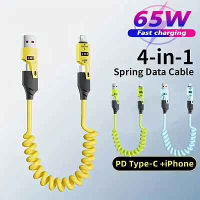 4 in 1 65W Spring Short Data Cable 6A USB Type C Spring Telescopic Quick Charger Wire Spring USB Cable for iPhone 15 14 13 12