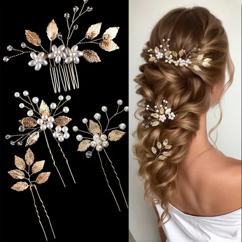 4Pcs Flower Hairpin Side Comb Sets Wedding Hair Accessories Leaf Shaped Tiaras Bride Insert Hair Clip Jewelry Fashion Headwear