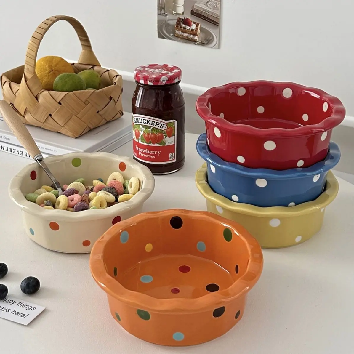Lace Polka Dot Yogurt Ceramic Bowl Korean Cute Dessert Fruit Household Salad Dish Place Colourful Baking Tableware 6.1 Inch