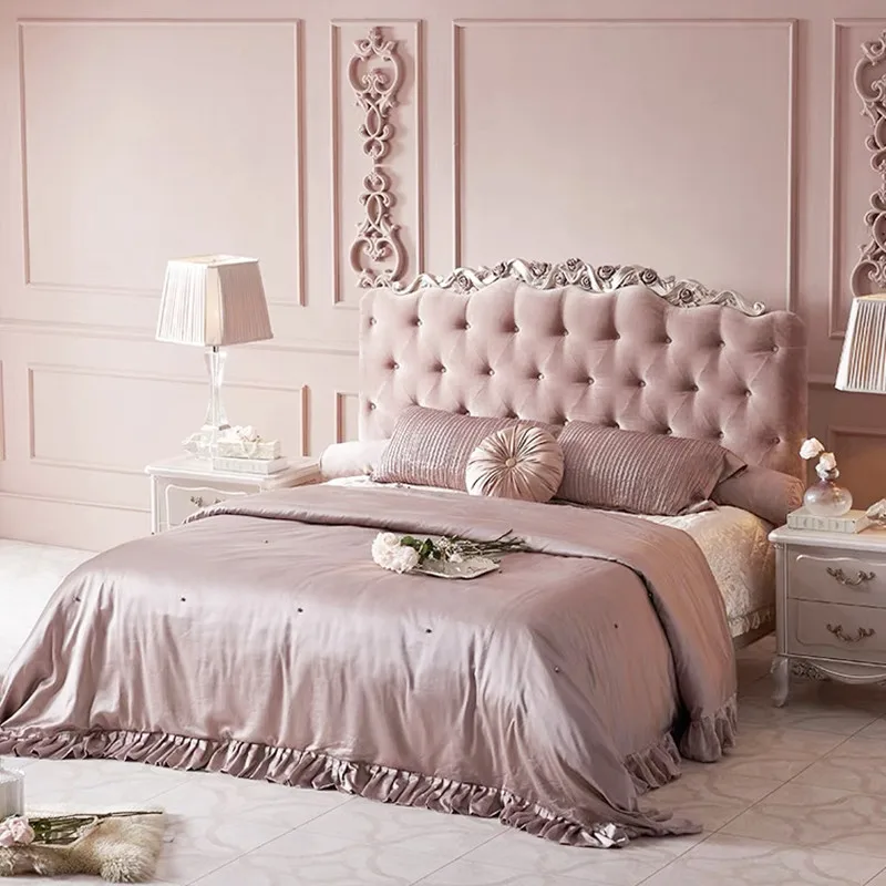Luxuriöses Doppelbett für Mädchen, Holz, rosa Samtstoff, modern, 180 x 200 cm, Hochbett, Twin-Villa, italienische Cama-Schlafzimmermöbel