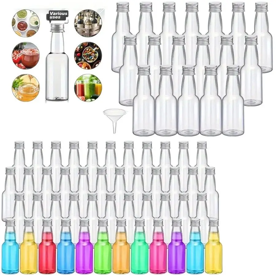 10 Stück oder 30 Stück 1,7 Unzen/50 ml Mini-Weinplastikflaschen mit Deckel und Trichtern – kompakter, wiederverwendbarer und auslaufsicherer Behälter für Cocktailpartys, Hochzeiten und Geschenkkörbe – Image