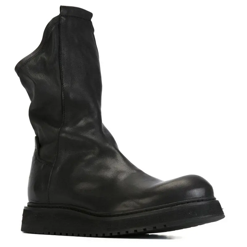 Mode Herren Rindsleder Echt leder Motorrads tiefel hohe Reitstiefel lässige Schnee plattform Schuhe Mid-Calf Stiefel schwarz