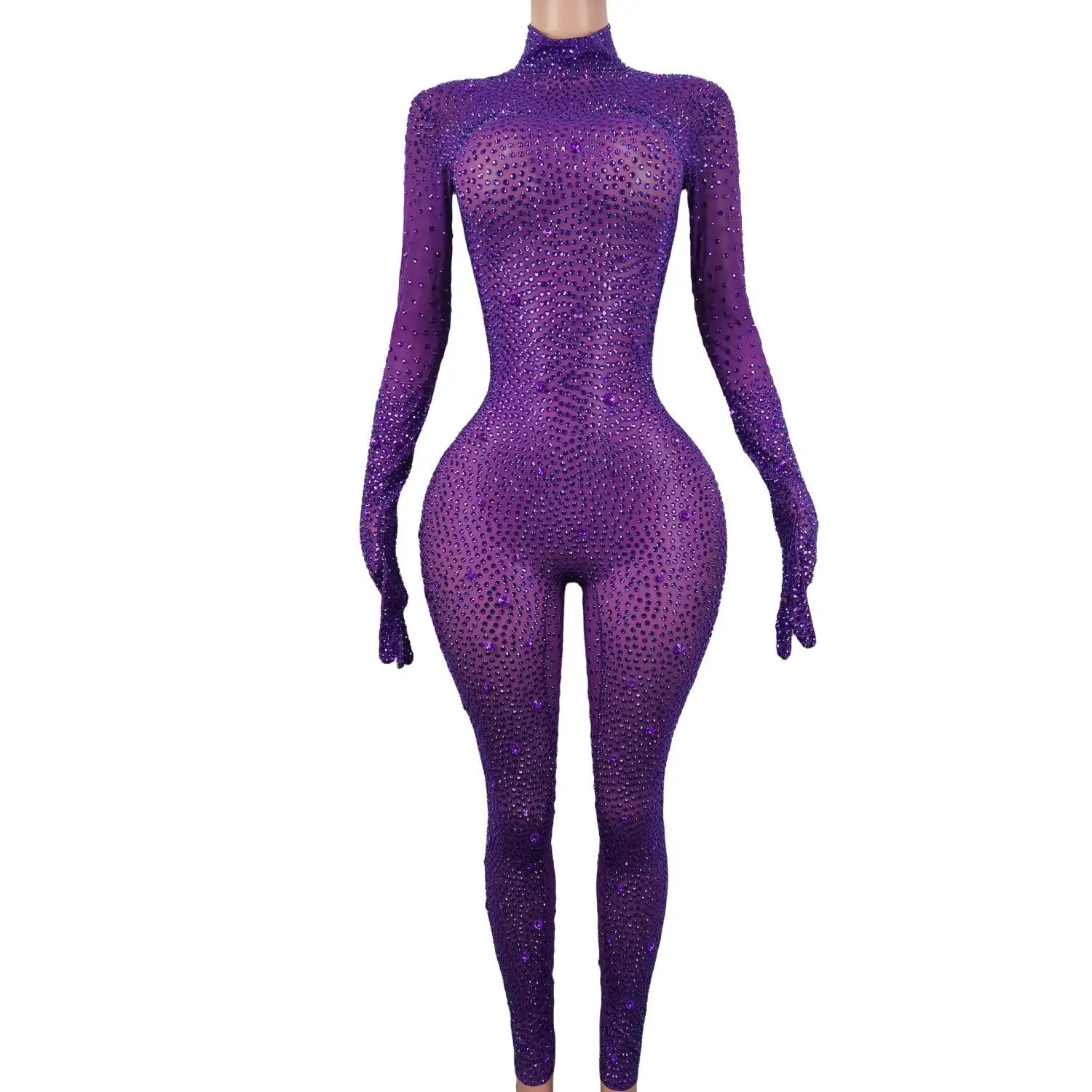 Glänzender lila Kristall-Overall für Damen, sexy, große Größe, Strass-Trikot, Party, Tanz, Bühnenkostüm, Damen, figurbetonter Diamant-Body