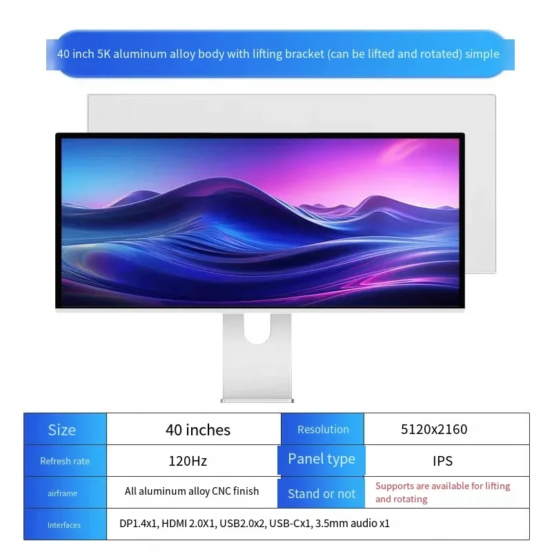40 Zoll NANO-ips CNC-Aluminium-Computermonitor 5K WLED 5120*2160 HDR10 120 Hz Typ-C 100 W Thunderbolt für Mac Kuycon P40K MATT SCRE Image