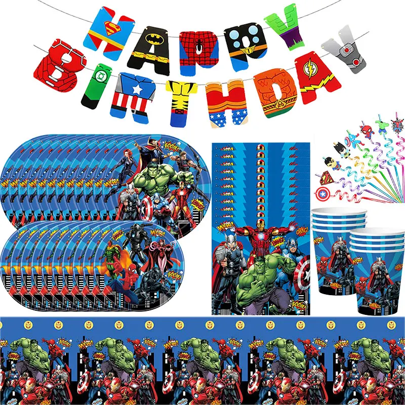 Marvel Avengers Geburtstagsdekoration, Geschirr, Tischdecke, Hintergrund, Tassen, Teller, Superhelden-Thema, Party-Dekoration, Zubehör für Kinder Image