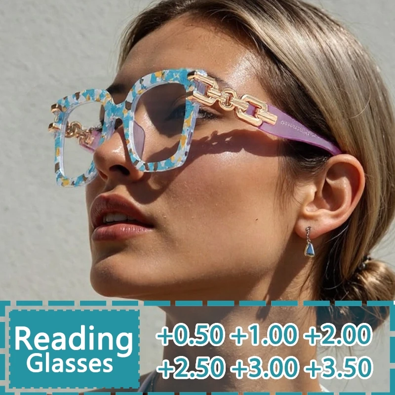 Modische Damen-Brille mit großem Rahmen, Anti-Blau, goldene Kette, Brillenbeine, großes optisches Brillengestell Image