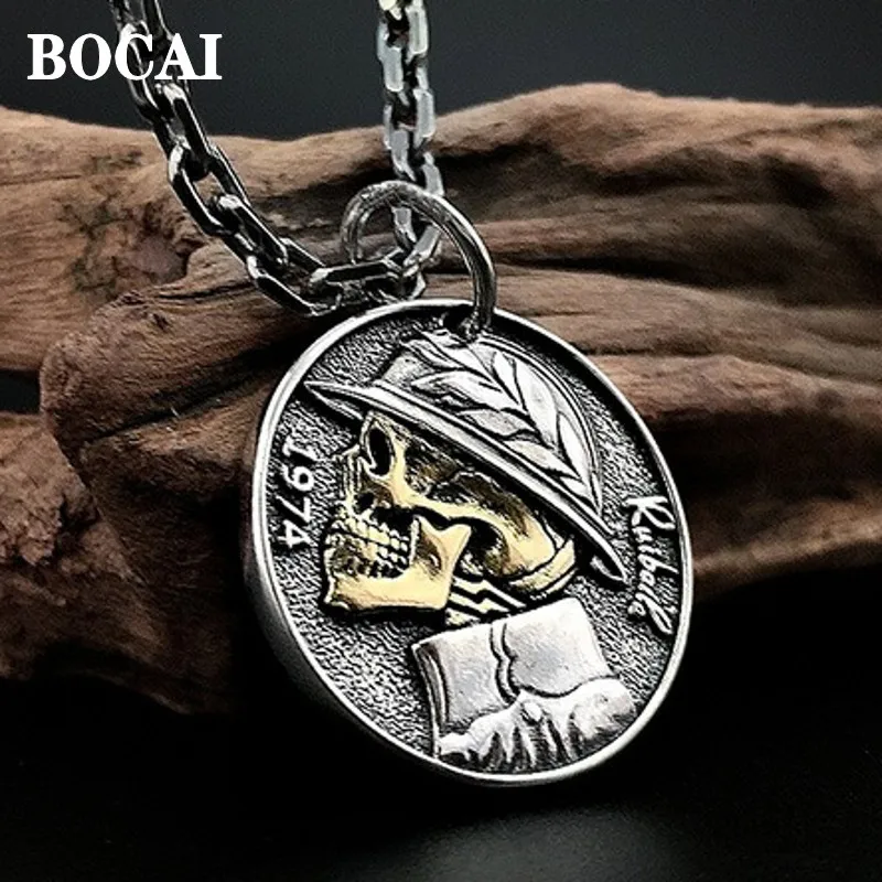 BOCAI Neue Echt S925 Silber Schmuck Thai Retro Straße Trendy Hip-Hop Schädel Kopf Runde Münze Anhänger für Mann