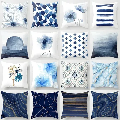 45x45cm Ins Blaue Blume Marmor Polyester Kissenbezug Blätter Geometrische Patchwork Kissen Abdeckung Image
