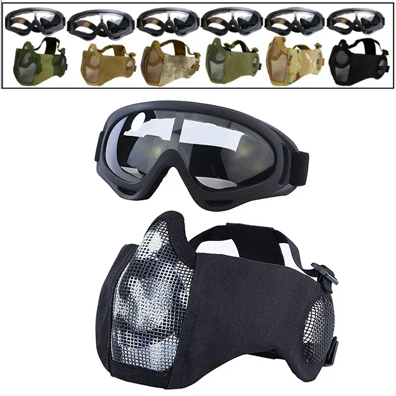 Airsoft Taktische Maske Schutzbrille Set Einstellbare Metall Stahl Mesh Halbe Gesicht Schutz für Paintball Schießen CS Krieg Spiel Image