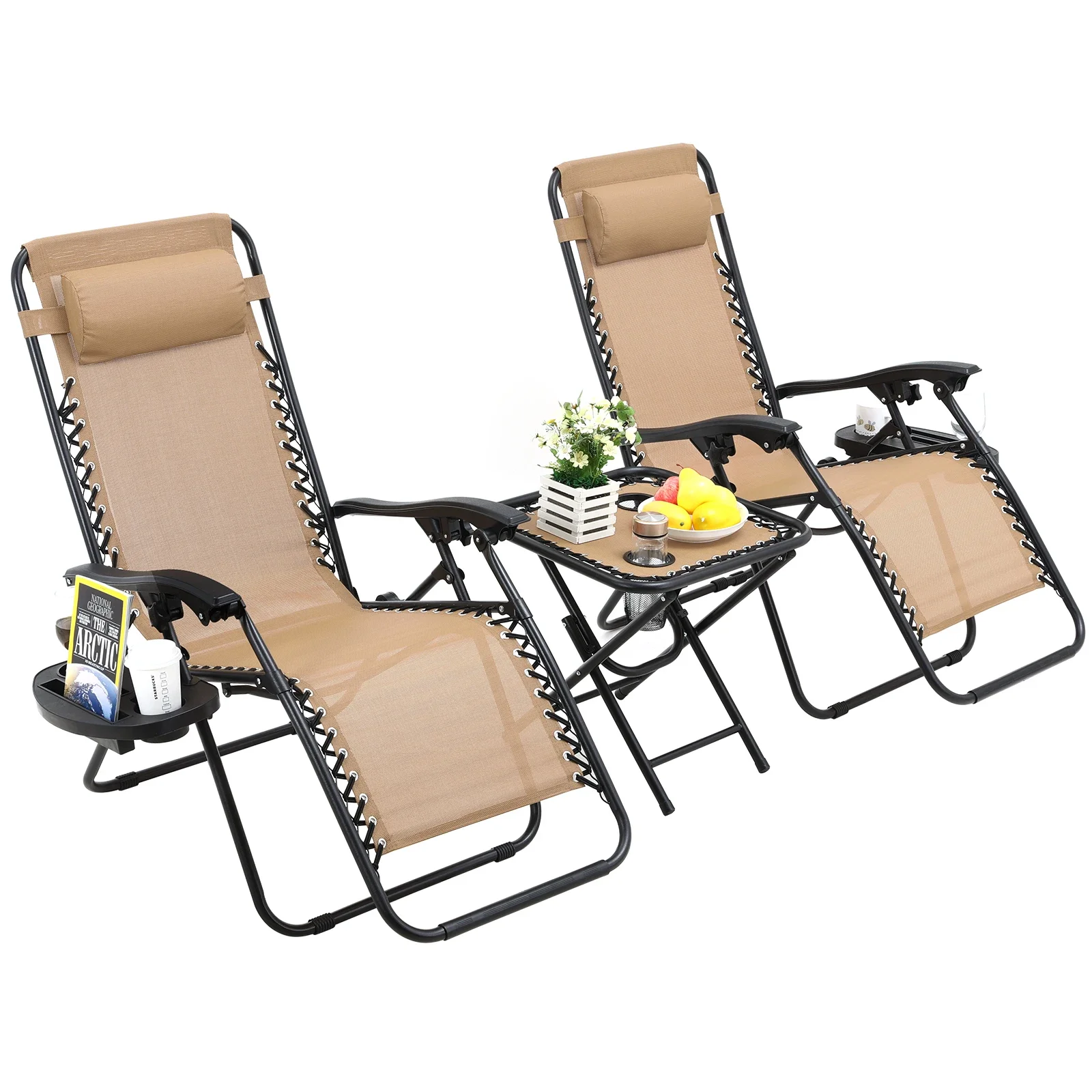 Zero Gravity Stuhl-Set mit 2 Stück, Sonnenliegen für den Außenbereich, stabiles Textolin, verstellbare Gartenstühle mit Getränkehalter, Kopfstütze Image