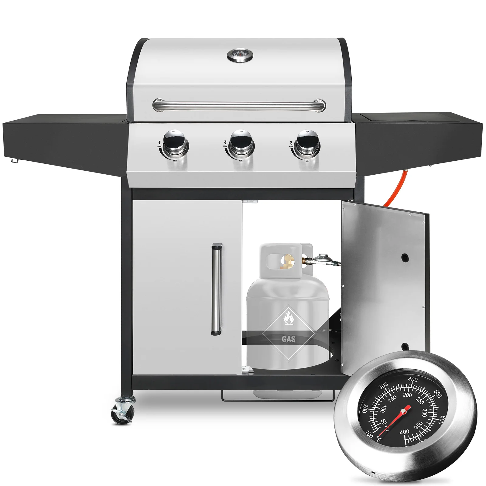 3+1 Brenner BBQ Propangasgrill, 24.000 BTU Edelstahl mit Herd und Beistelltisch, Grill im Gasherdwagen-Stil