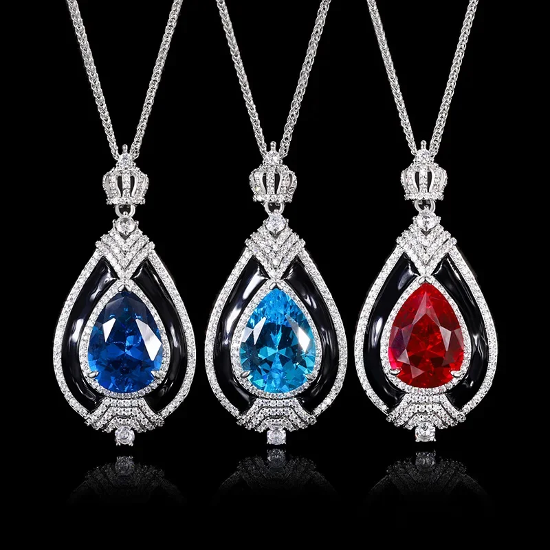 Luxuriöse Halskette mit tropfenförmigem Anhänger und Kronendesign, blau-roter Edelstein, elegante Kristall-Zirkon-Kette, perfekt für Frauen, Party-Geschenk