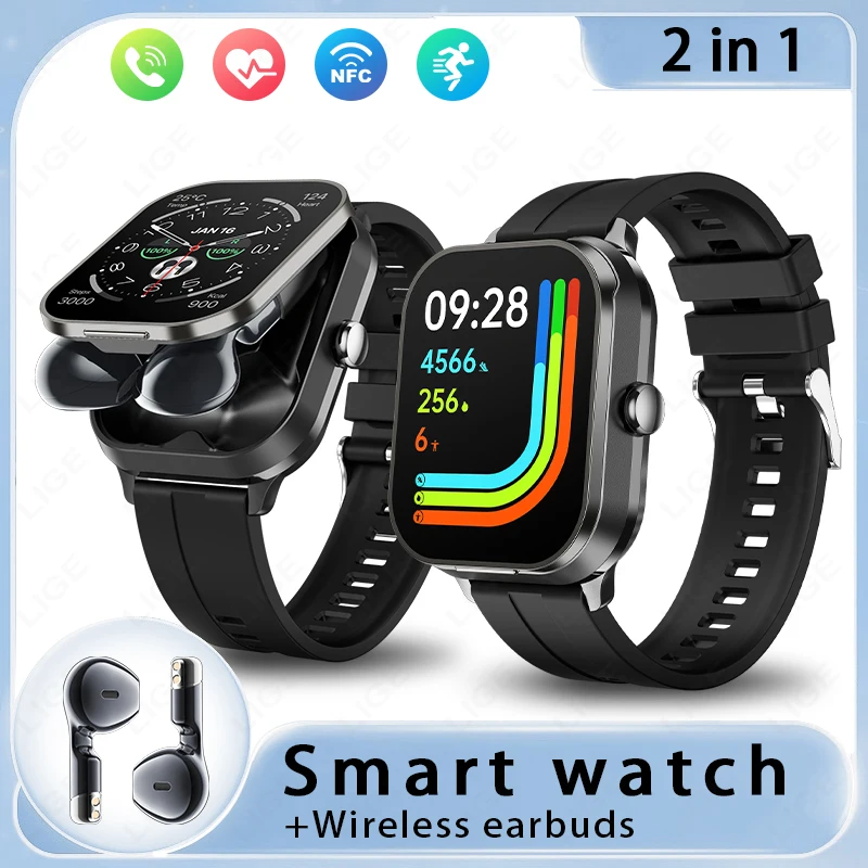 Drahtlose Bluetooth-Kopfhörer, Smartwatch, verbunden mit mobiler Fitness und Sport, Bluetooth-Anrufe, Smartwatch, männlich, weiblich, 2-in-1 Image