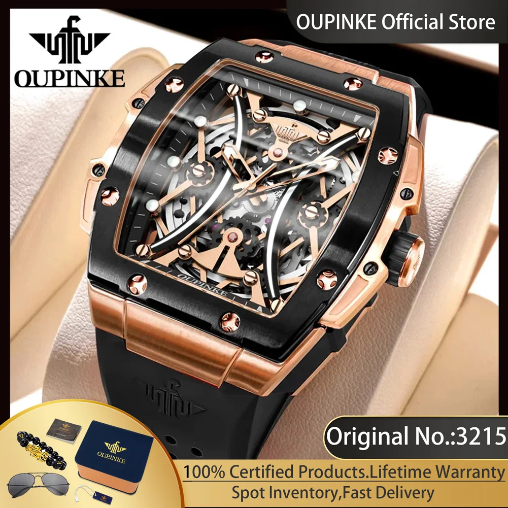 OUPINKE 3215 Tonneau Zifferblatt Automatische Mechanische Herren-Armbanduhr High-End-Luxus-Höhlen-Chronograph 50 m wasserdichte Herrenuhr Image
