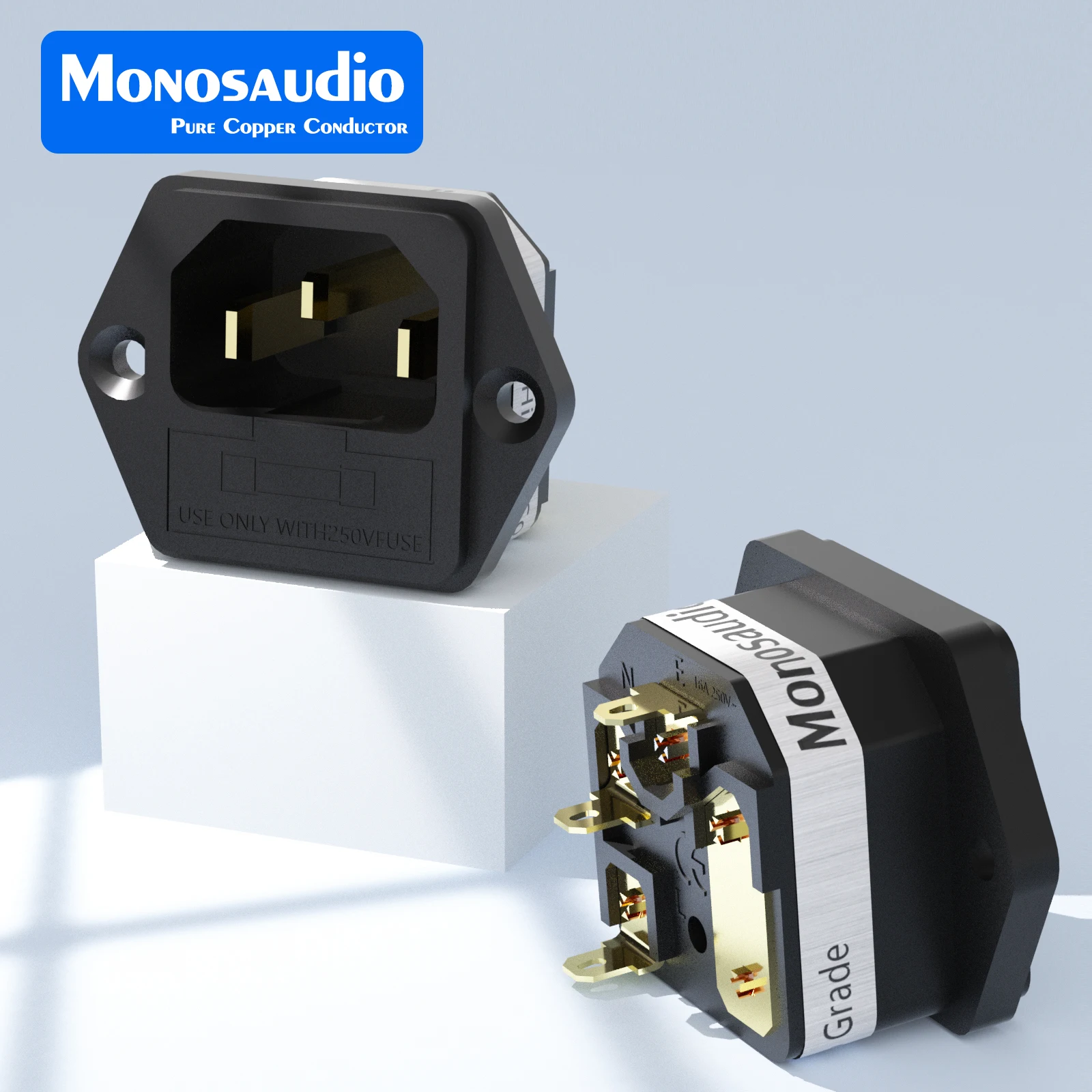 Monosaudio IF76G/R reines Kupfer mit Sicherung IEC 320 C14-Buchse, 24 Karat vergoldet, 2-polig + Erd-Stecker-Eingang mit Sicherungshalter Image