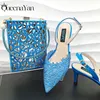 Nigerian Style Elegant Women's Party Shoes Luxury Full of Diamonds Shoes Sky Blue Pointed High Heel Shoe Bag Set