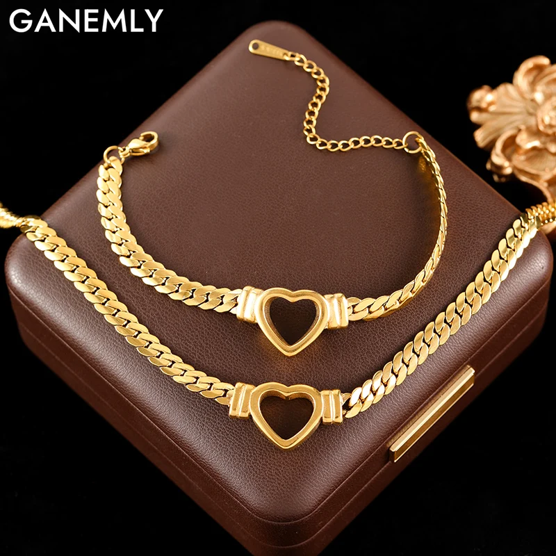 GANEMLY 316L Edelstahl Hohl Herz Halskette Armbänder Wasserdicht Schmuck Charme Metallic Gold Farbe Kette Mode Dame Geschenk Image