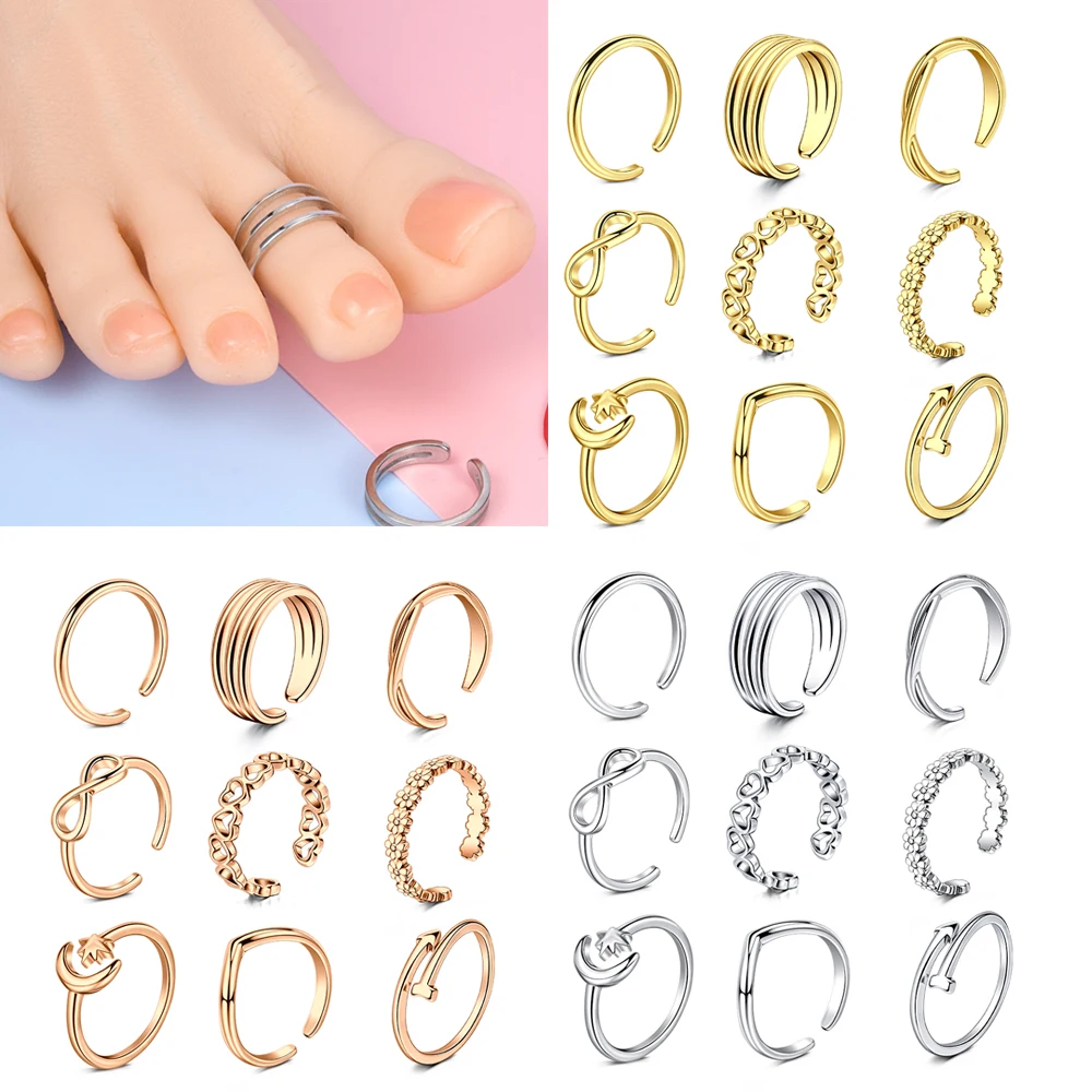 9 stücke verstellbare Zehen ringe einfache Strand offene Zehen Set für Frauen Mädchen niedlichen Herz Feder Sommer Zehen ringe Fuß schmuck Image