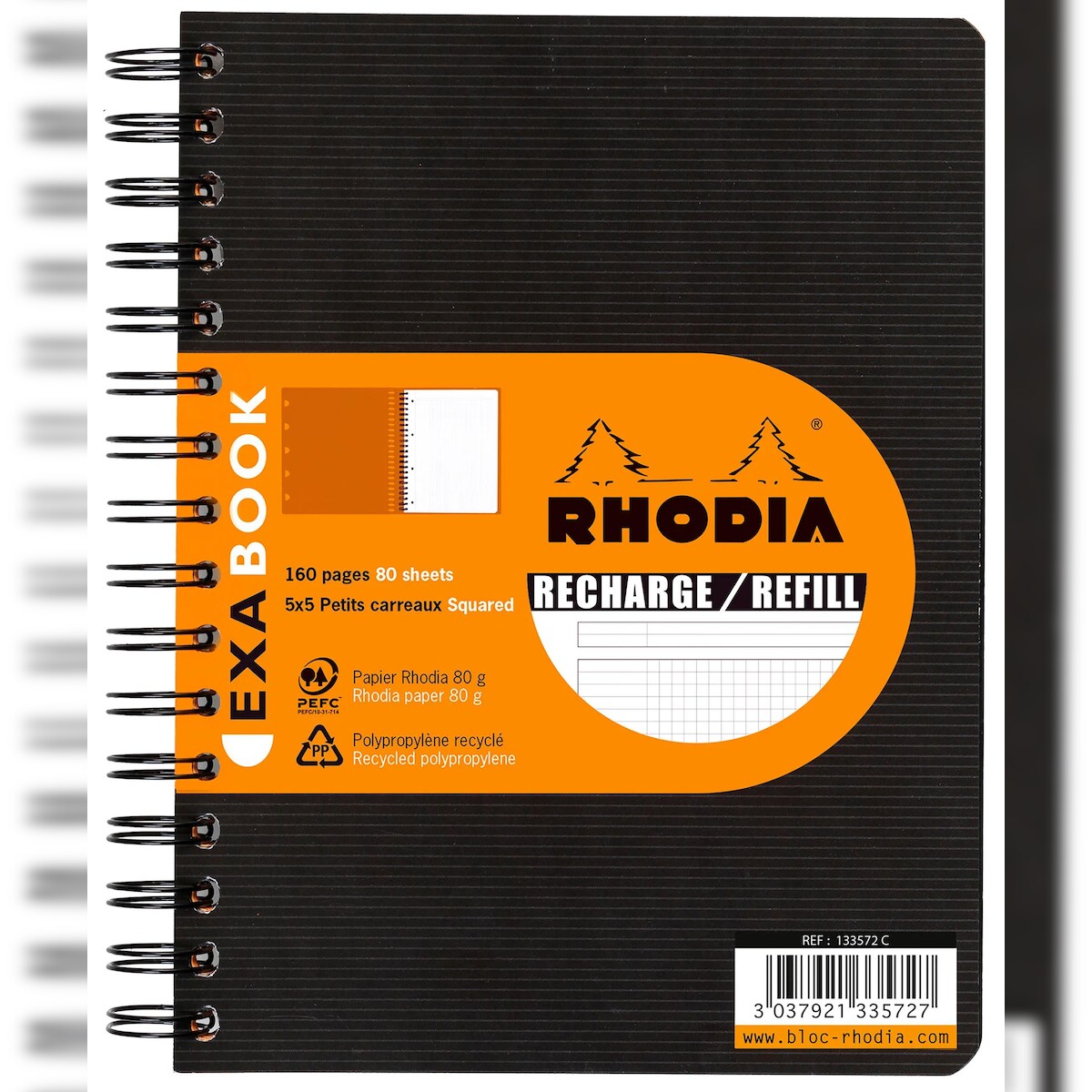 Rhodia 5x Nachfüllheft A5+ für Exabook Rhodiactive, Spiralheft, 80 Blatt kariert mit Rand/Rahmen und Kopfleiste 90g - Schwarz 133572C Image