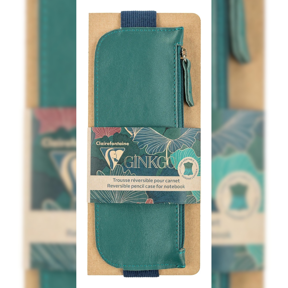 Clairefontaine 3x Ginkgo, Schlampermäppchen aus Leder für Notizbuch A5 (2 Seiten: tannengrün, indigoblau) mit Gummizug, 19x7,5 cm - 115951C Image