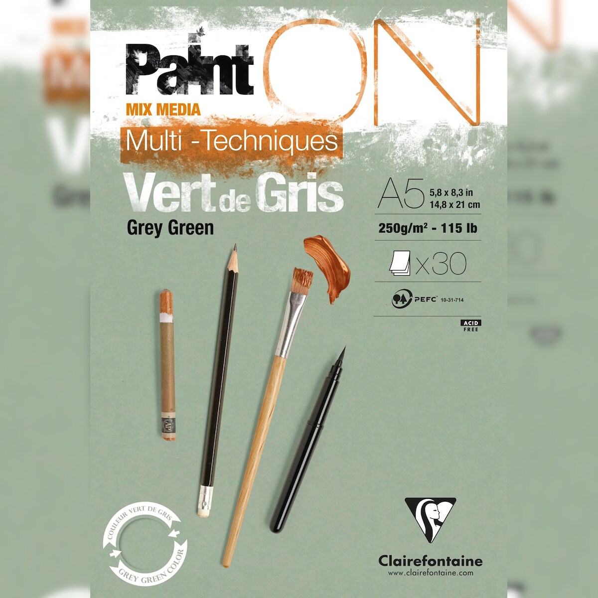 Clairefontaine 4x PaintON Vert de gris, Block A5, kopfseitig geleimt, 30 Blatt, 250g, graugrün, Mixed Media - Graugrün 975704C Image