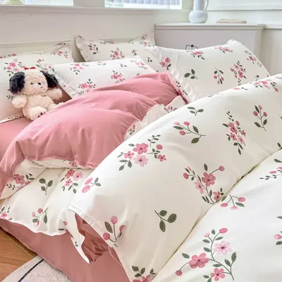 White Pink Bedding Set Ins Floral Twin Queen Size Duvet Cover Flat Sheet Pillowcase No Filler Girl