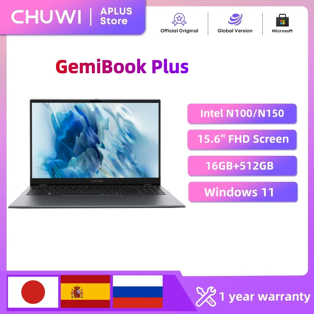 CHUWI GemiBook Plus ordinateur portable 15.6 "Intel N100 graphique pour 12e génération 1920*1080P 8GB/16GB RAM 256GB/512GB SSD Windows 11 ordinateurs portables