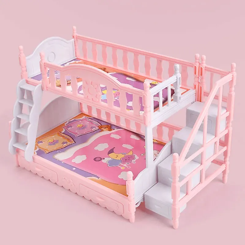Meubles de maison de poupée, lit de princesse Double couche pour filles, maison de poupée Miniature, lit jouet, meubles de chambre à coucher avec accessoire
