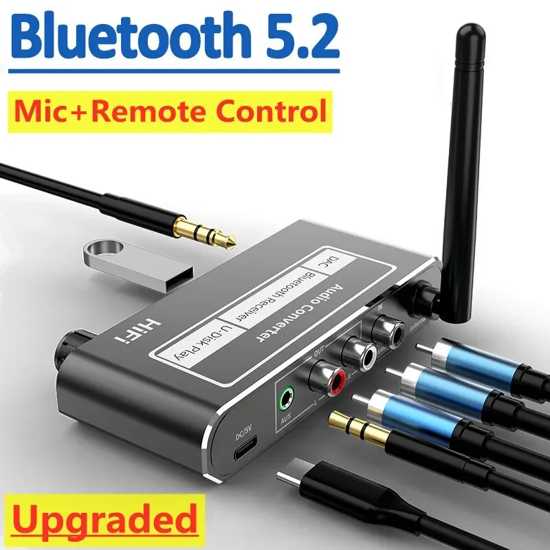 HIFI Bluetooth 5.2 Ricevitore audio DAC Coassiale Convertitore digitale-analogico 3.5mm AUX RCA Microfono U-Disk Jack Adattatore wireless stereo