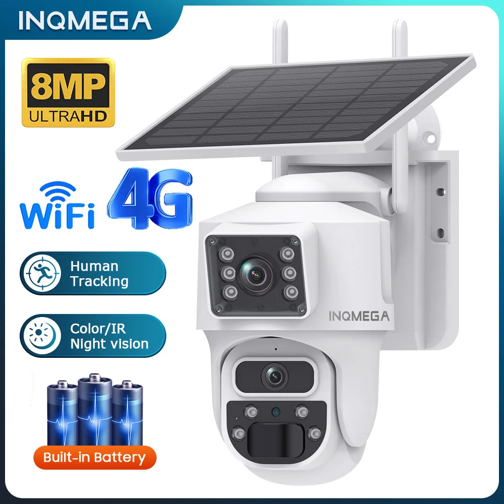 INQMEGA 8MP 4K Telecamera IP wireless solare con batteria Esterna HD 4MP Doppia lente WiFi IP Camara Pannello solare CCTV Sicurezza Factroy