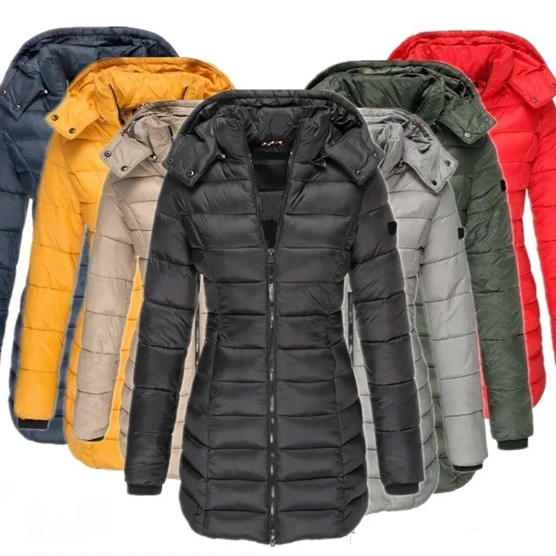 Inverno Addensare Caldo Parka da donna Cerniere in tinta unita Cappotti Manica lunga Imbottito Puff Giacca di media lunghezza Sottile Felpa con cappuccio femminile Parka
