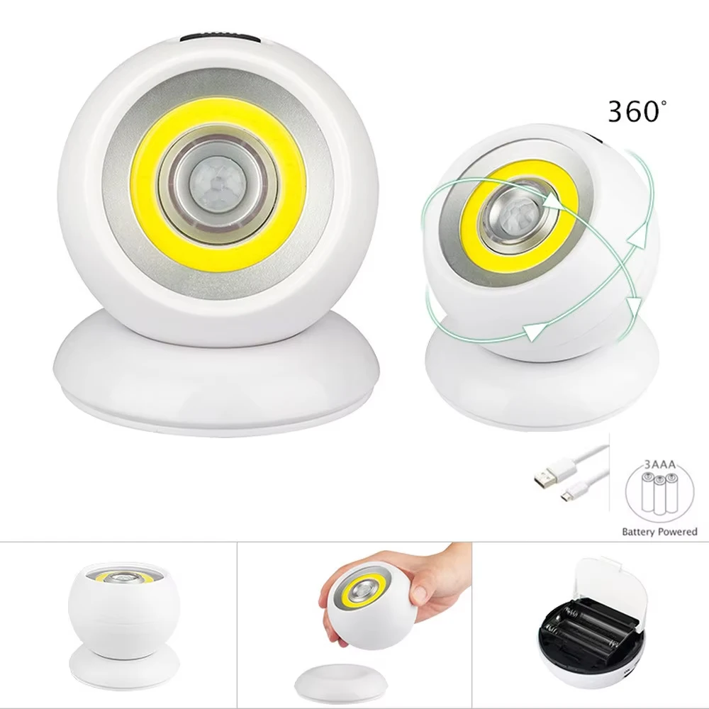 360 ° Lampada da parete a sfera COB rotante con sensore di movimento PIR, luce notturna a LED, lampada da parete magnetica alimentata tramite USB/alimentata a batteria per camera da letto, bagno,