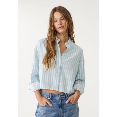 Stradivarius Striped linen blend cropped shirt Sky blue XS