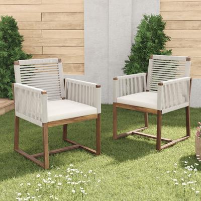 Set of 2 Acacia Wood Outdoor Dining Chairs With Rope Design & Washable Cushions for Patio or Garden