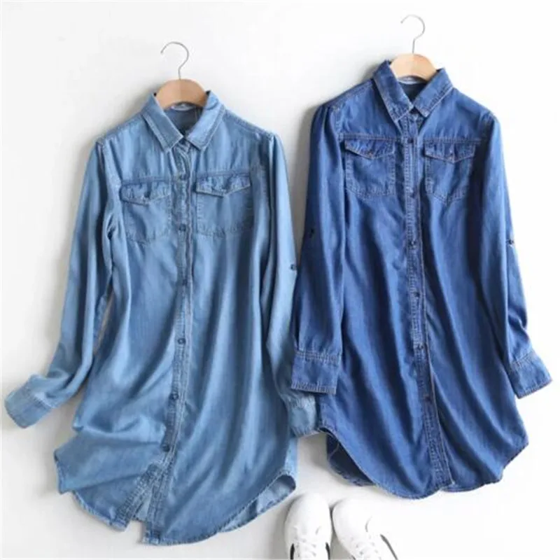 Frauen Bluse Frühling Herbst Casual Shirts Mid-länge Langarm Denim Jeans Tops Casual Frauen Shirt Blusa Mujer Plus größe S ~ 3XL