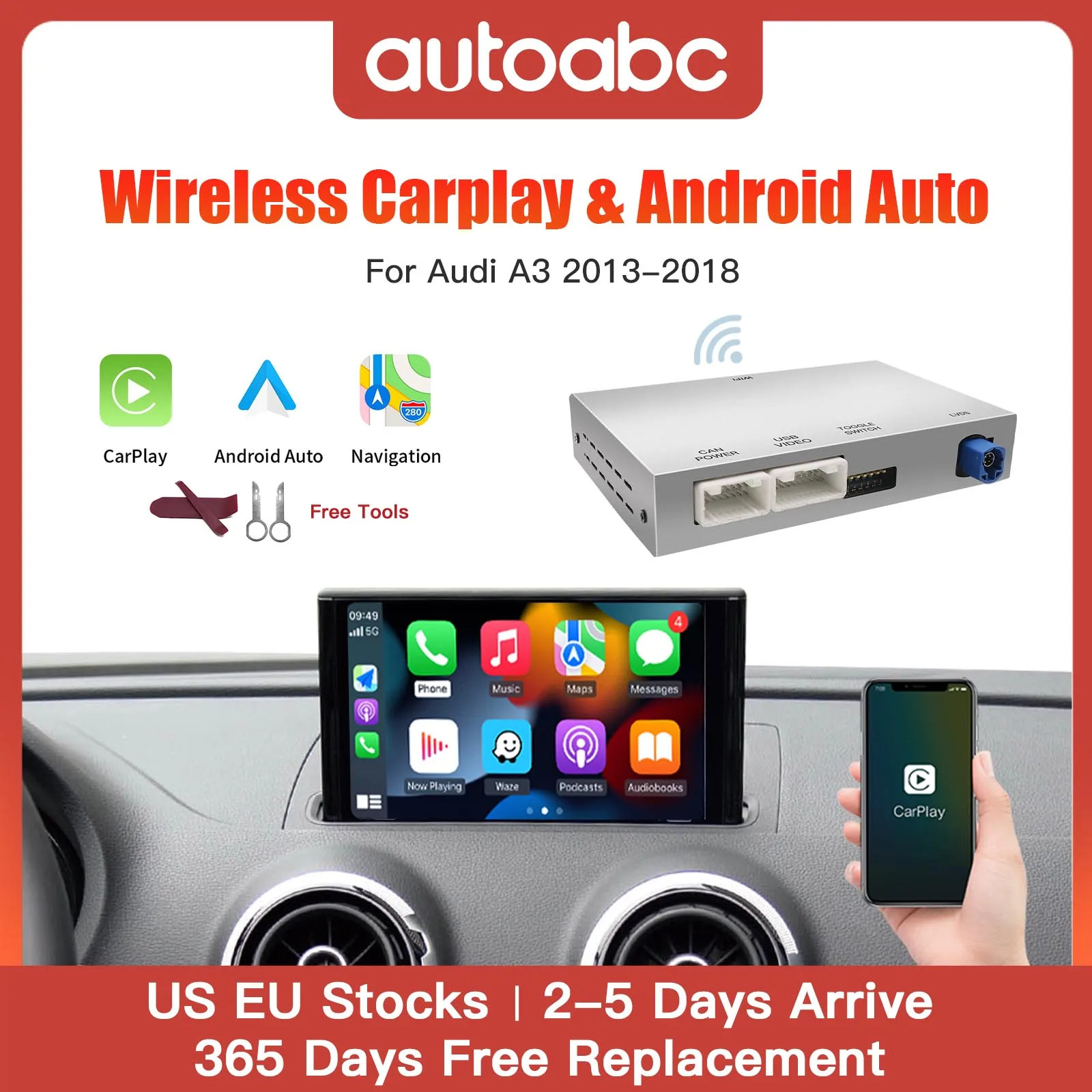 AUTOABC Drahtlose CarPlay für Audi A3 S3 8V 2013-2018 Android Auto Mirror Link AirPlay Reverse Kamera Multimedia zubehör Image