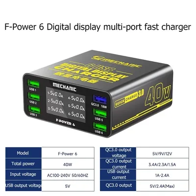 MECHANIC F-Power 6 Digital Display Multi-port Fast Charger Fast Charging Station Multiple Protection USB Desktop Charger