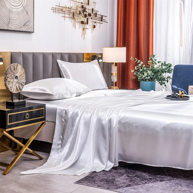 Home Living Luxuriöse, glatte 3-teilige Bettwäsche-Sets aus massivem Satin mit Kissenbezug, flaches Bettlaken, Spannbettlaken, King-Size-Bettwäsche-Sets für Schlafzimmer Image